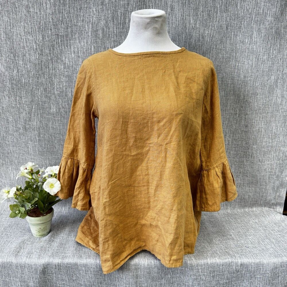 Crown Linen Designs 100% Linen Ruffle Bell Sleeve Blouse Mustard Gold Top Size S